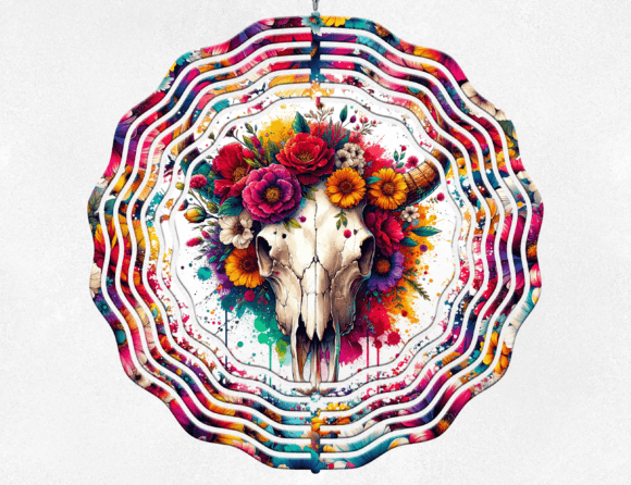 Bull Skull Floral Wind Spinner