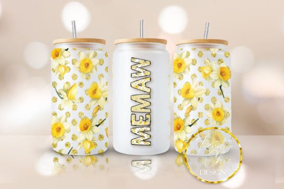 Floral Memaw 16oz Glass Can Wrap PNG