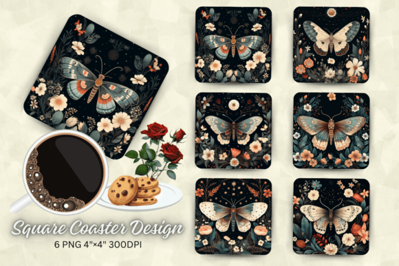 Floral Moth at Night Square Coaster Des