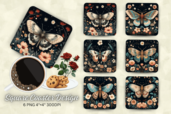 Floral Moth at Night Square Coaster Desi