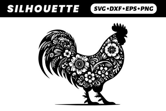 Floral Rooster Silhouette, Side View