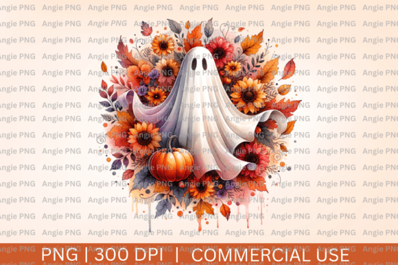 Ghost Pumpkin Fall Floral Halloween PNG