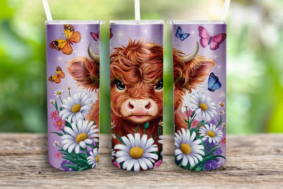 Highland Cow Floral Tumbler Wrap Png