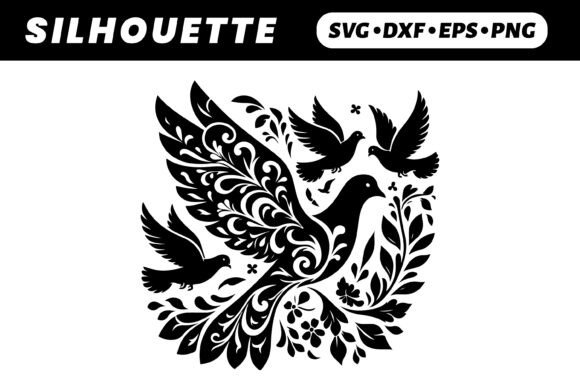 Ornate Doves Floral Design, Silhouette