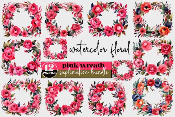 Watercolor Floral Pink Wreath Clipart